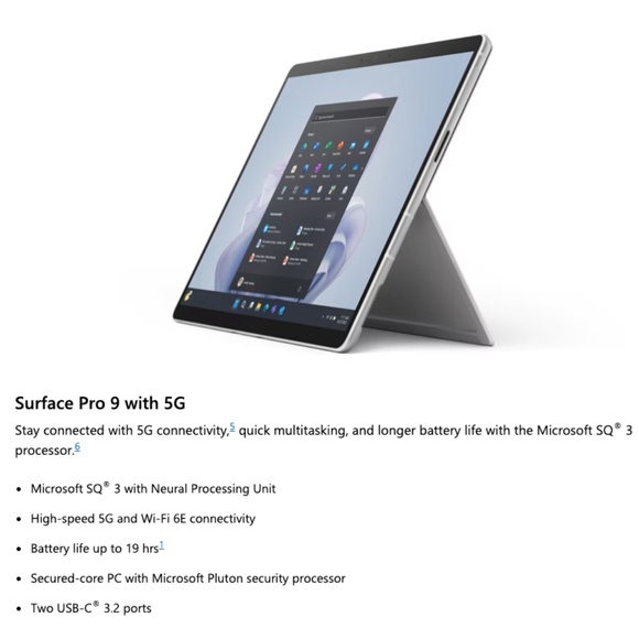 "Microsoft Surface Pro 9 with 5G - Microsoft SQ 3, 16GB RAM, 256GB - Platinum